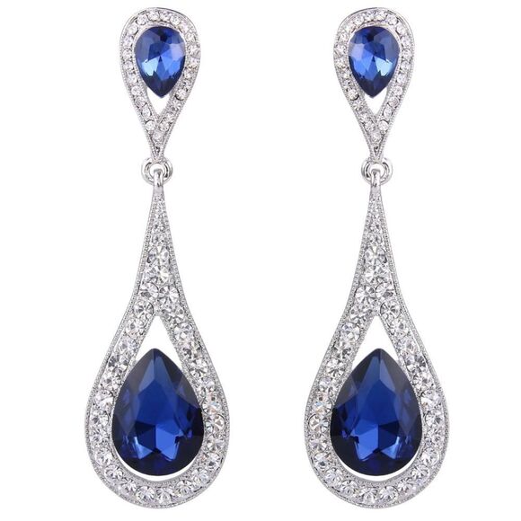 Silver with Blue Sapphire and Diamond Austrian Crystal Dual Teardrop Earrings